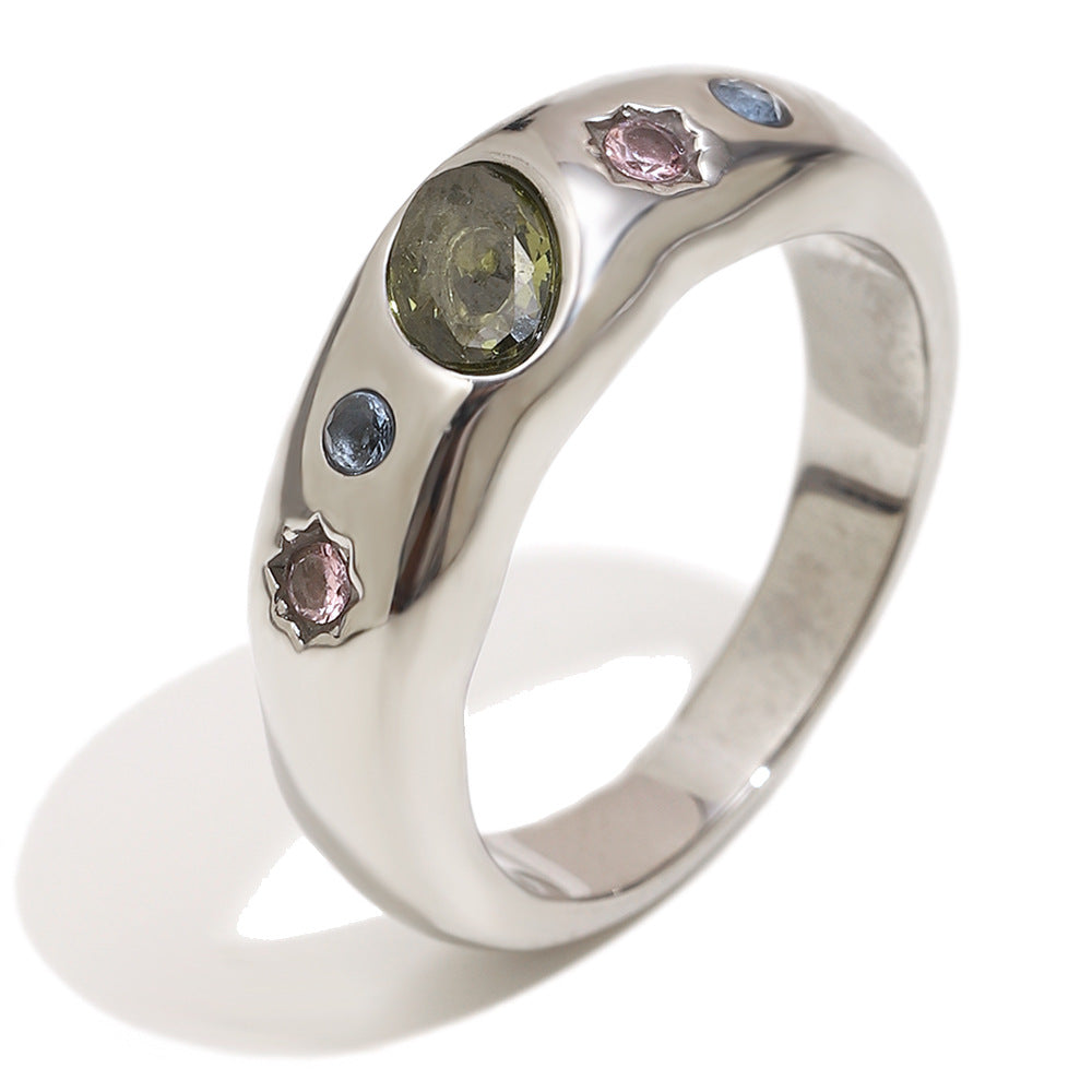 Silver multicolor geometric zircon ring by STUD – 18K white gold plated, modern chunky design