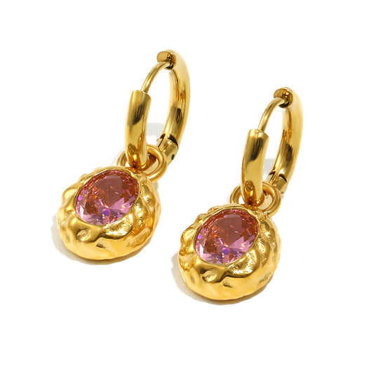 STUD 18K gold-plated stainless steel hammered oval hoop earrings with pink zircon stone