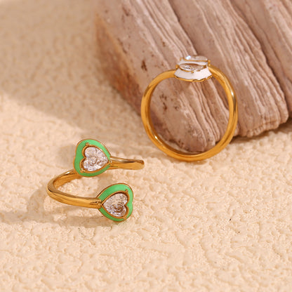 18K Gold-Plated Green Heart Enamel Open Ring with Zircon