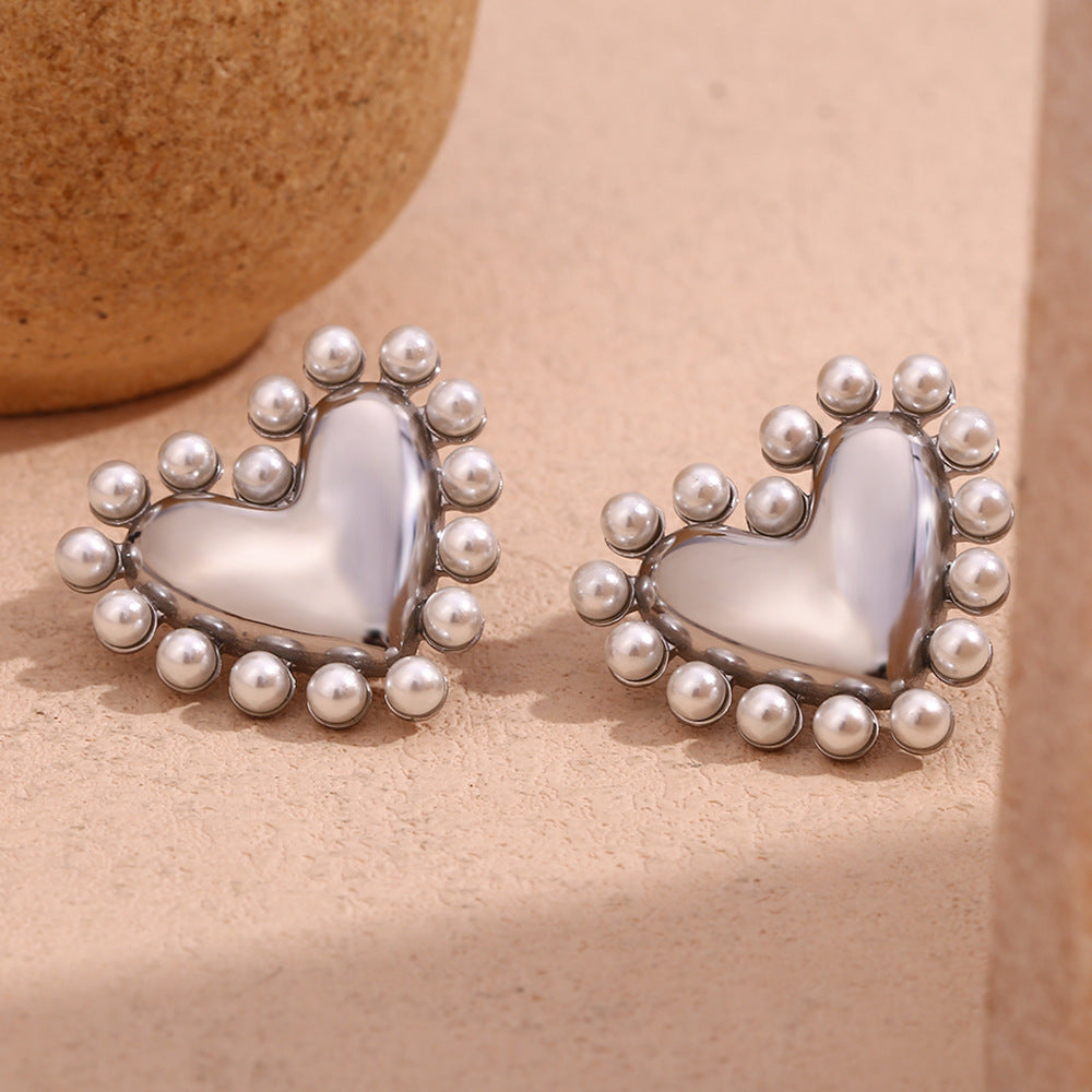 Pearl Heart Silver Hoop Earrings