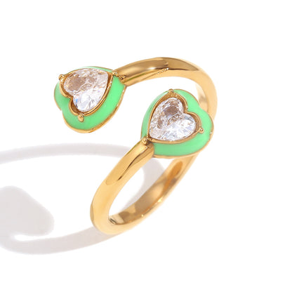 Close up view of Green 
heart enamel open ring with zircon – 18K gold-plated stainless steel adjustable band – trendy playful jewelry by STUD (Shop Till You Drop)

