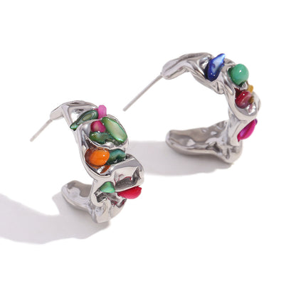 Moon-shaped ruffle silver earrings with colorful stones – waterproof, hypoallergenic by STUD (Shop Till You Drop)
