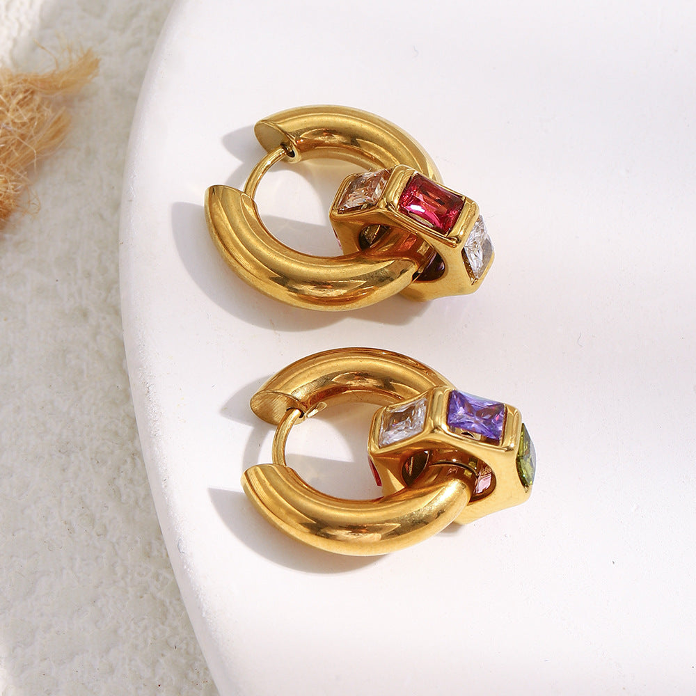 Gold-plated chunky hoop earrings with multicolor geometric gemstones – Aurora Gem Hoops by STUD