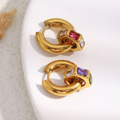 Gold-plated chunky hoop earrings with multicolor geometric gemstones – Aurora Gem Hoops by STUD