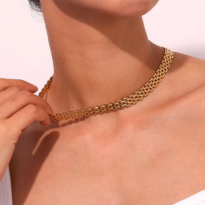Model Wearing Handwoven 18K gold plated necklace – waterproof minimalist design by STUD-Shop Till You Drop