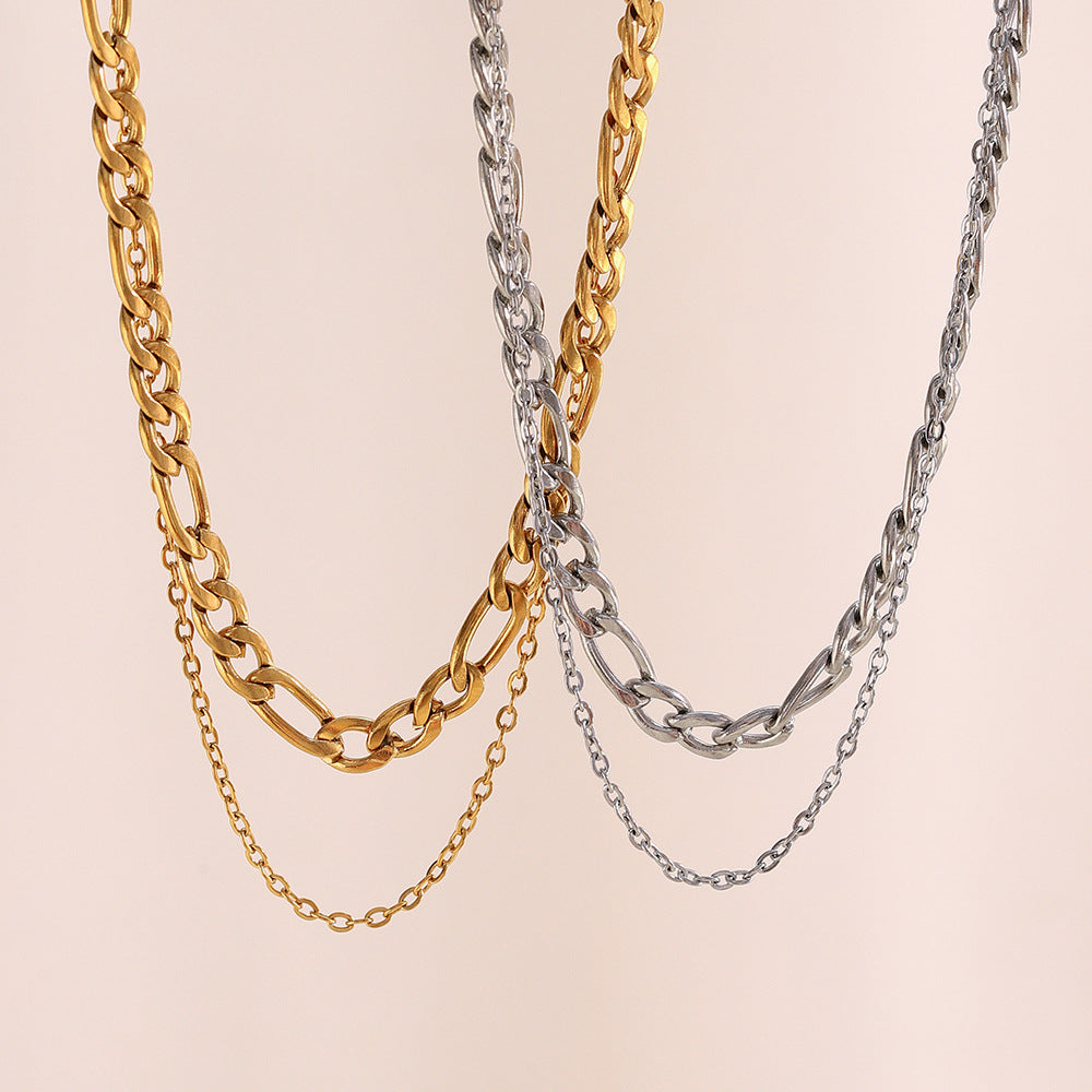 Silver stainless steel double layer chain necklace with chunky and delicate links.
