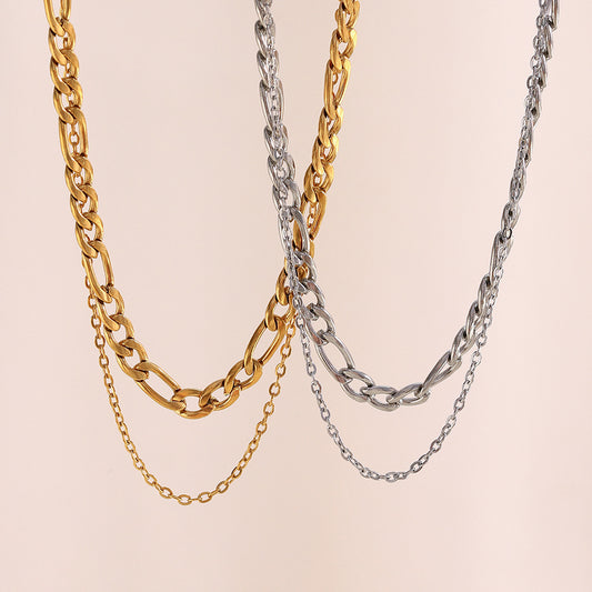 Silver stainless steel double layer chain necklace with chunky and delicate links.