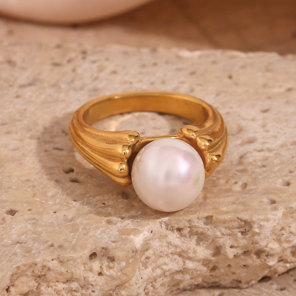 Dual-Sided Textured Pearl Ring | 18K Gold-Plated Stainless Steel