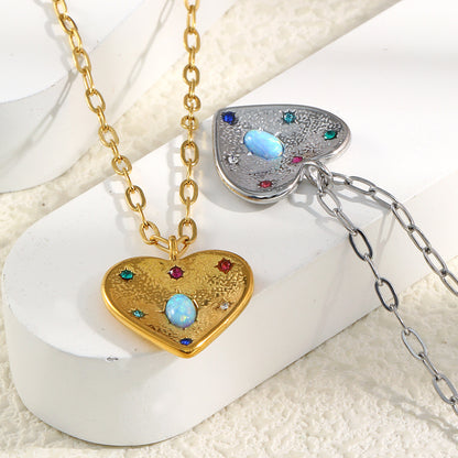 STUD 18K gold-plated stainless steel heart necklace with opal and colorful zircon stones