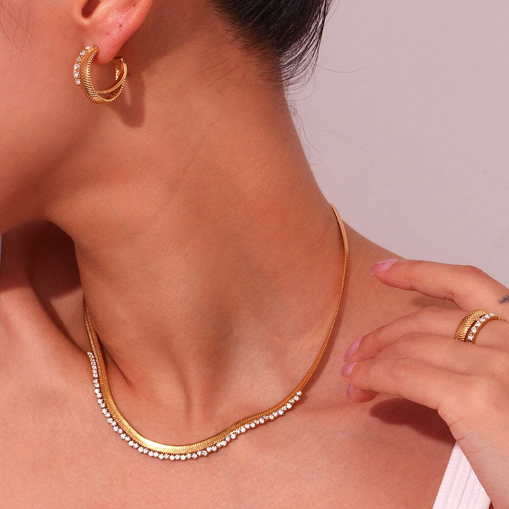 Minimalist Fishbone 18K Gold Plated with Zircon Earrings