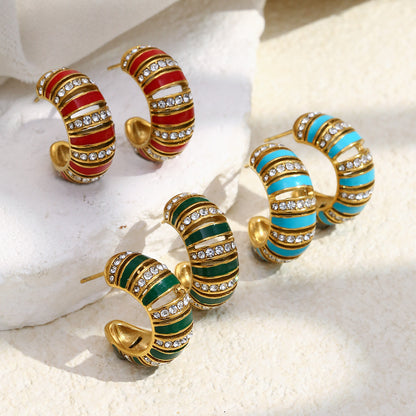 18K gold-plated stainless steel turquoise enamel C-shaped hoop earrings with zircon stones