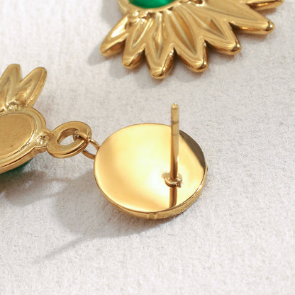 18K gold-plated stainless steel sunburst drop earrings with green agate stone