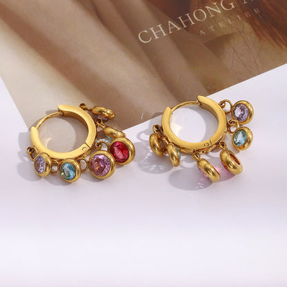 18K gold-plated stainless steel hoop earrings with colorful dangling zircon stones for women