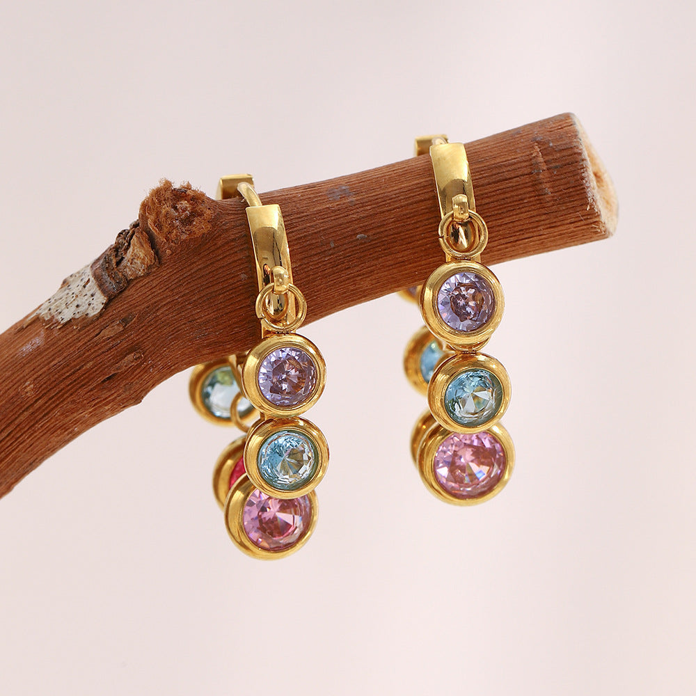 18K gold-plated stainless steel hoop earrings with colorful dangling zircon stones for women