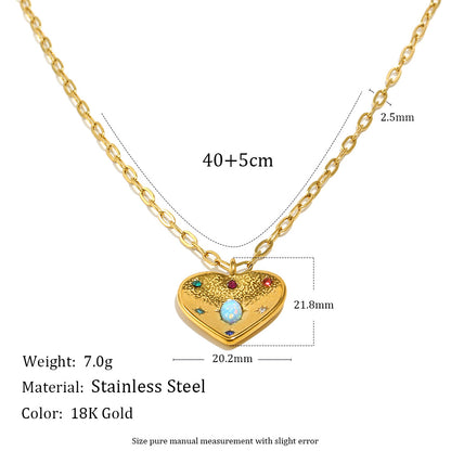 STUD 18K gold-plated stainless steel heart necklace with opal and colorful zircon stones