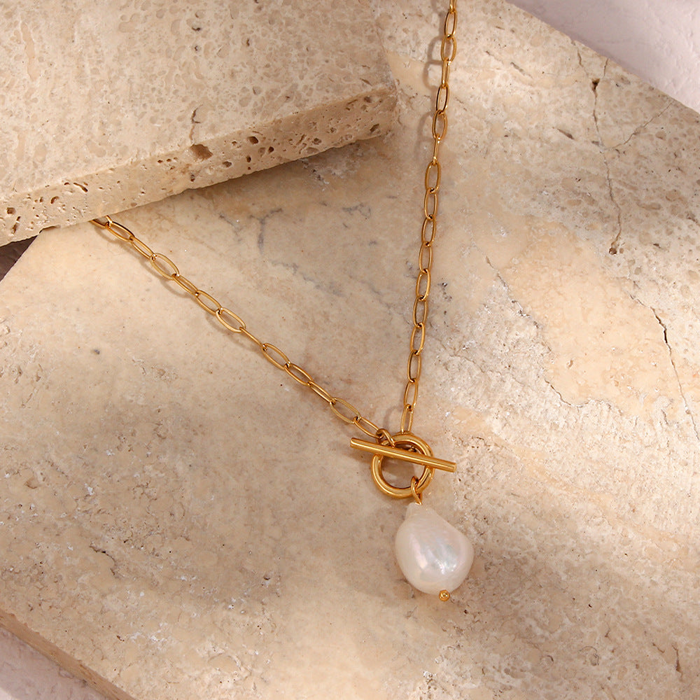 Baroque Freshwater Pearl Paperclip Chain Necklace | 18K Gold-Plated Stainless Steel