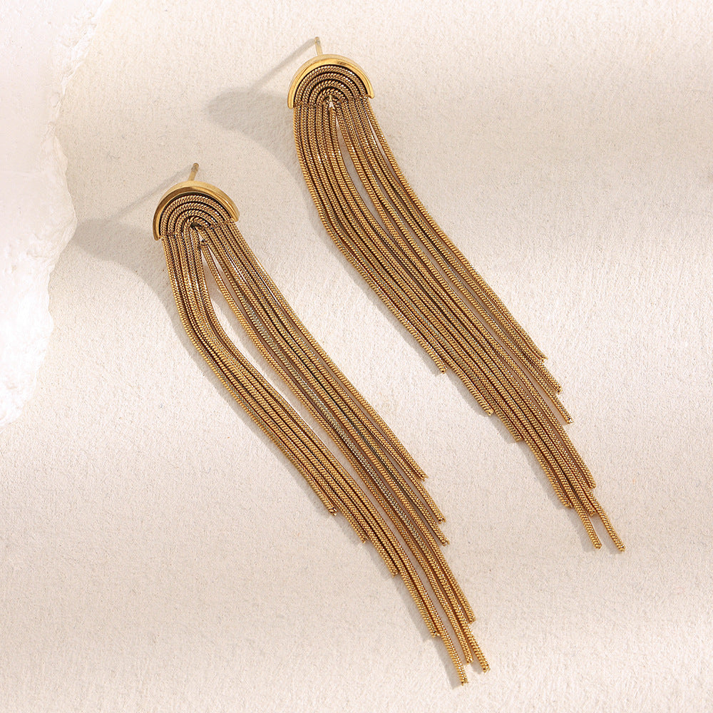 18K gold-plated stainless steel long tassel chain statement earrings