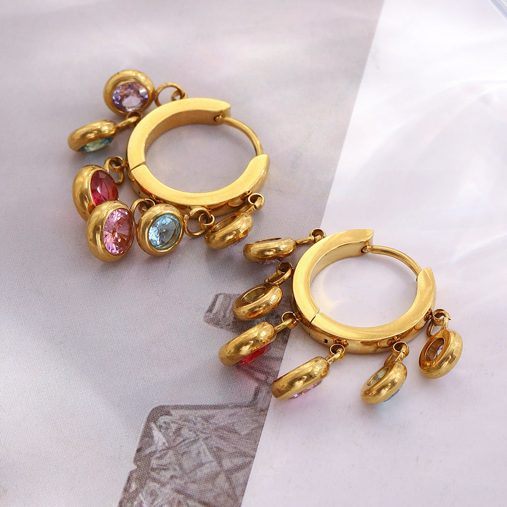 18K gold-plated stainless steel hoop earrings with colorful dangling zircon stones for women