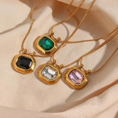 18K gold plated snake chain necklace with pink emerald-cut zircon pendant – STUD