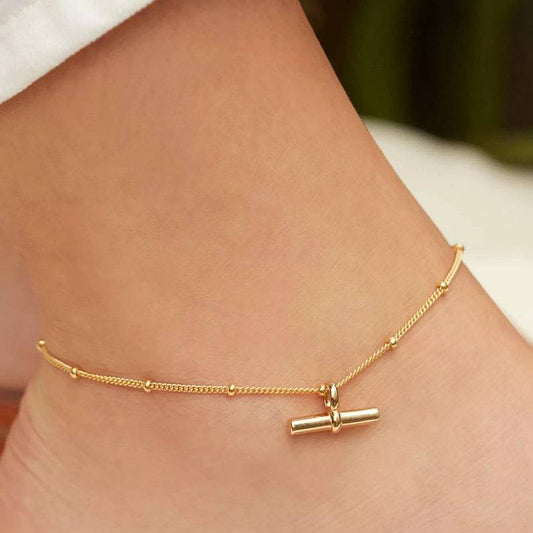 18K gold plated double-layer anklet with polished blade bar and beaded snake chain – STUD