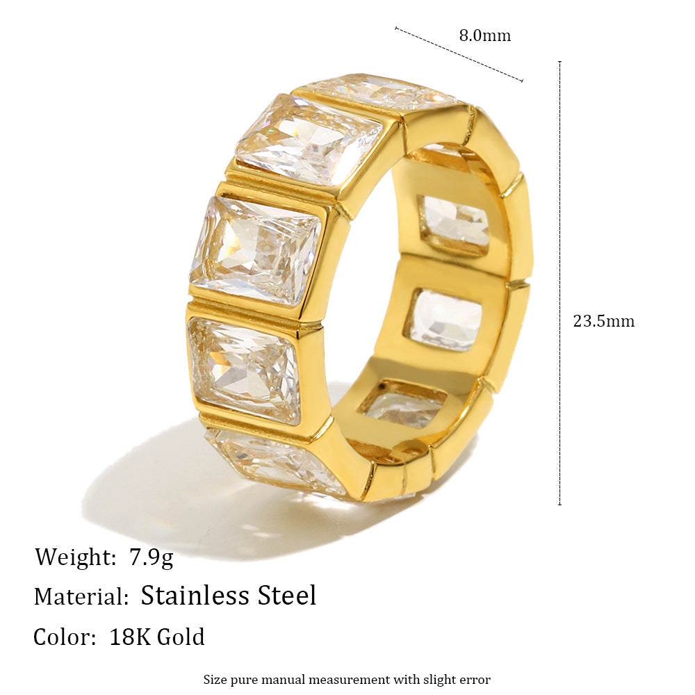 Minimalist geometric hollow-cut stainless steel ring with square cubic zirconia stones in silver finish, modern stackable jewelry for women