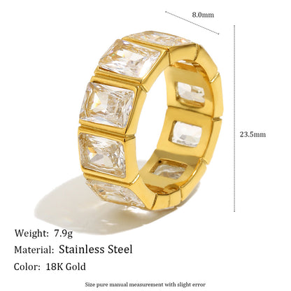 18K gold-plated geometric hollow-cut ring with square cubic zirconia stones, minimalist demi-fine statement ring for women