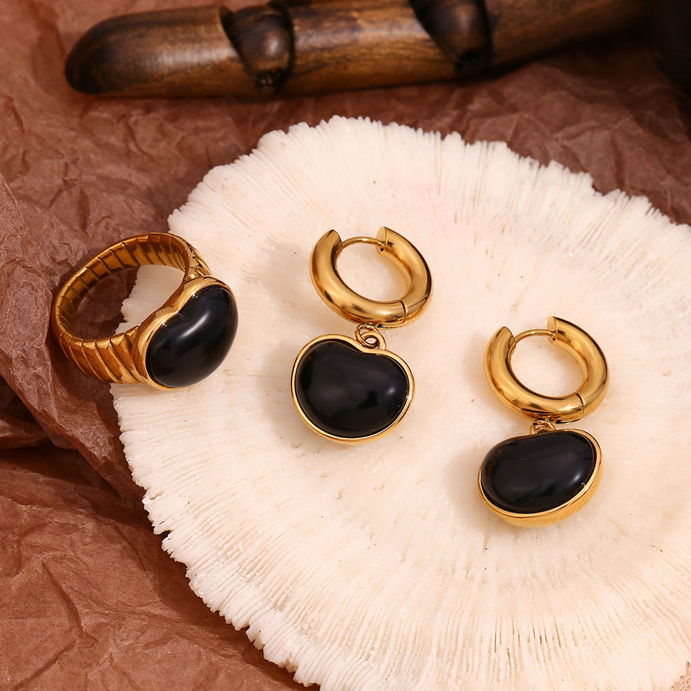 18K Gold Plated Black Onyx Heart Earrings