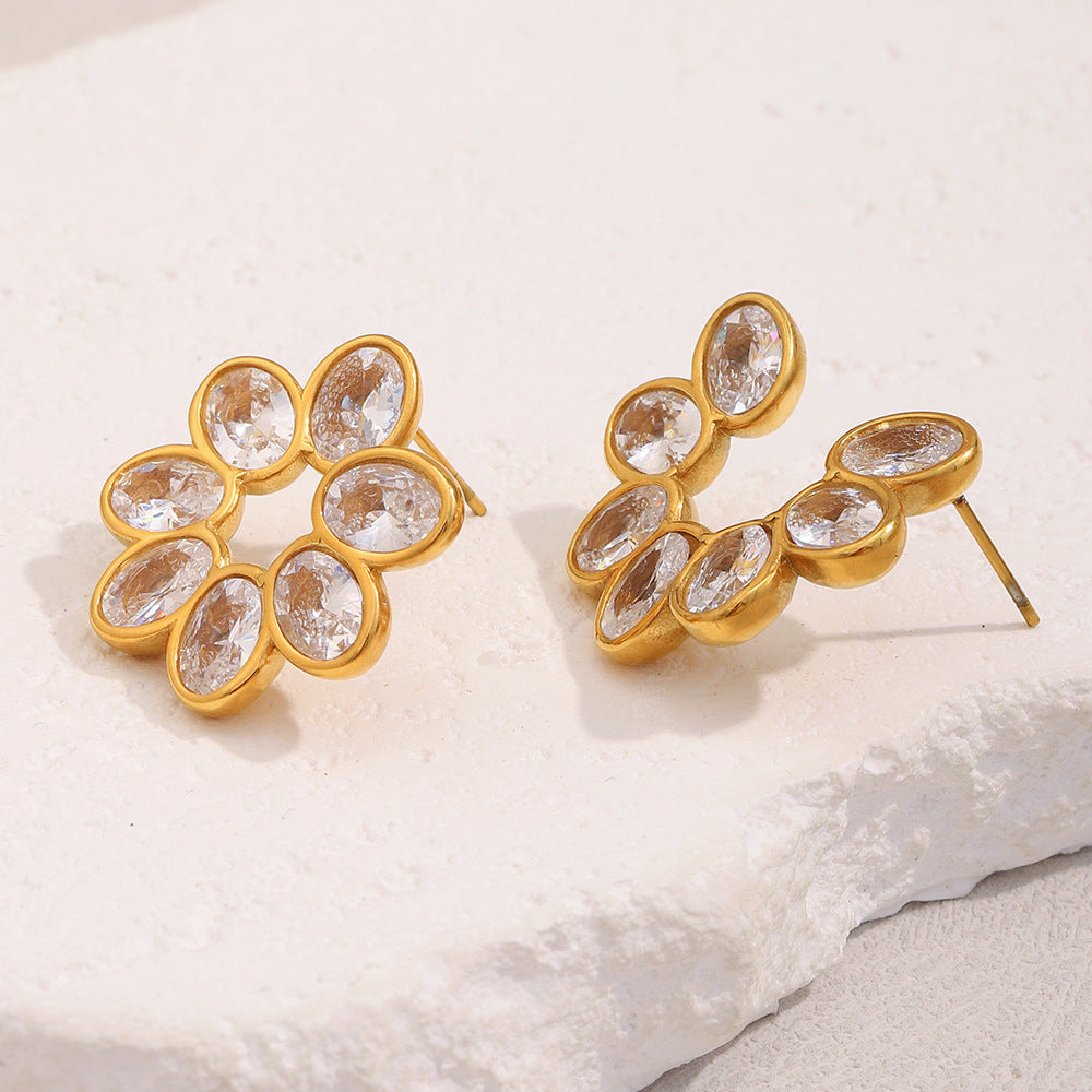 STUD 18K gold-plated flower zircon stud earrings with dainty petal design