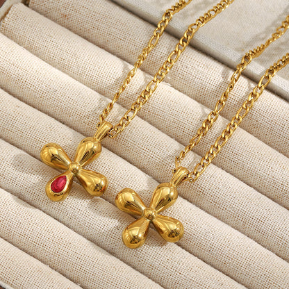 STUD Ruby Bloom Necklace – 18K gold-plated red zircon cross pendant