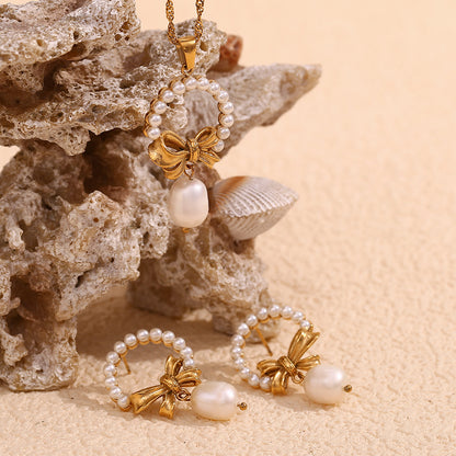 18K gold plated pearl bow drop earrings with vintage textured bow – STUD