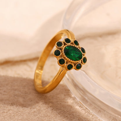 Emerald zircon ruffled ring – 18K gold-plated stainless steel with vintage-inspired full zircon design – statement jewelry by STUD (Shop Till You Drop)