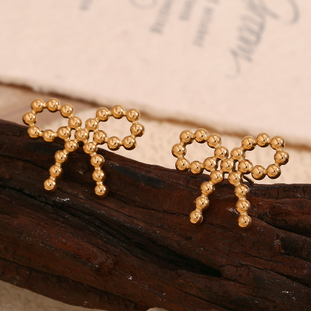 Chic 18K Gold-Plated Round Bead Bow Knot Earrings for Women