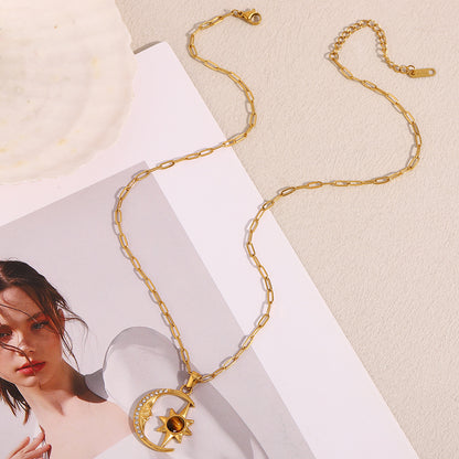 18K gold plated celestial necklace with moon, star, zircon and tiger eye gemstone – STUD