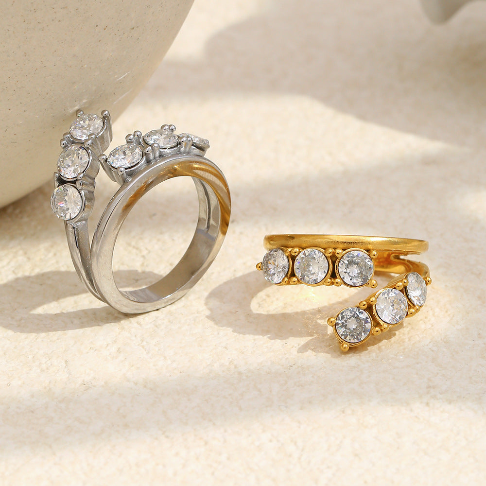 Silver stainless steel double-layer zircon open ring with round stones for women