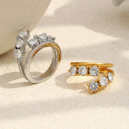 Silver stainless steel double-layer zircon open ring with round stones for women
