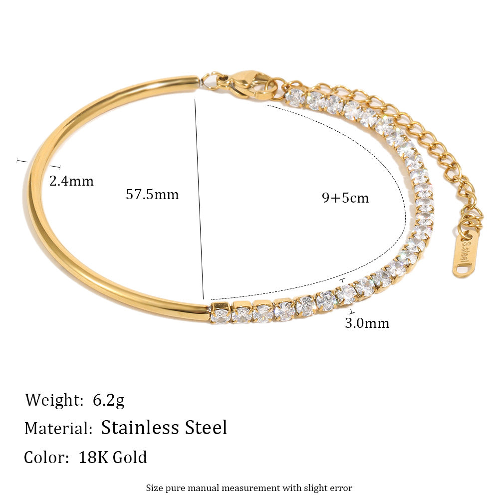 18K gold-plated half bangle half chain bracelet with white cubic zirconia stones, minimalist modern jewelry for women