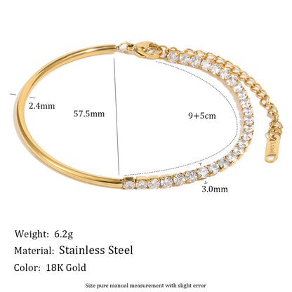 18K gold-plated half bangle half chain bracelet with rich green cubic zirconia stones, vintage-modern statement jewelry for women