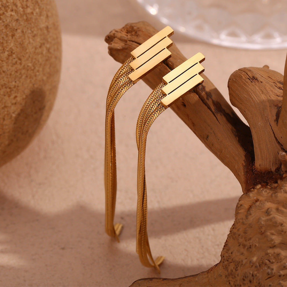 STUD 18K gold-plated stainless steel geometric layered bar tassel chain drop earrings