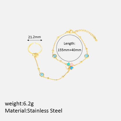 Size Details of 18K gold plated hand chain with enamel clover and heart charms – trendy and colorful – STUD