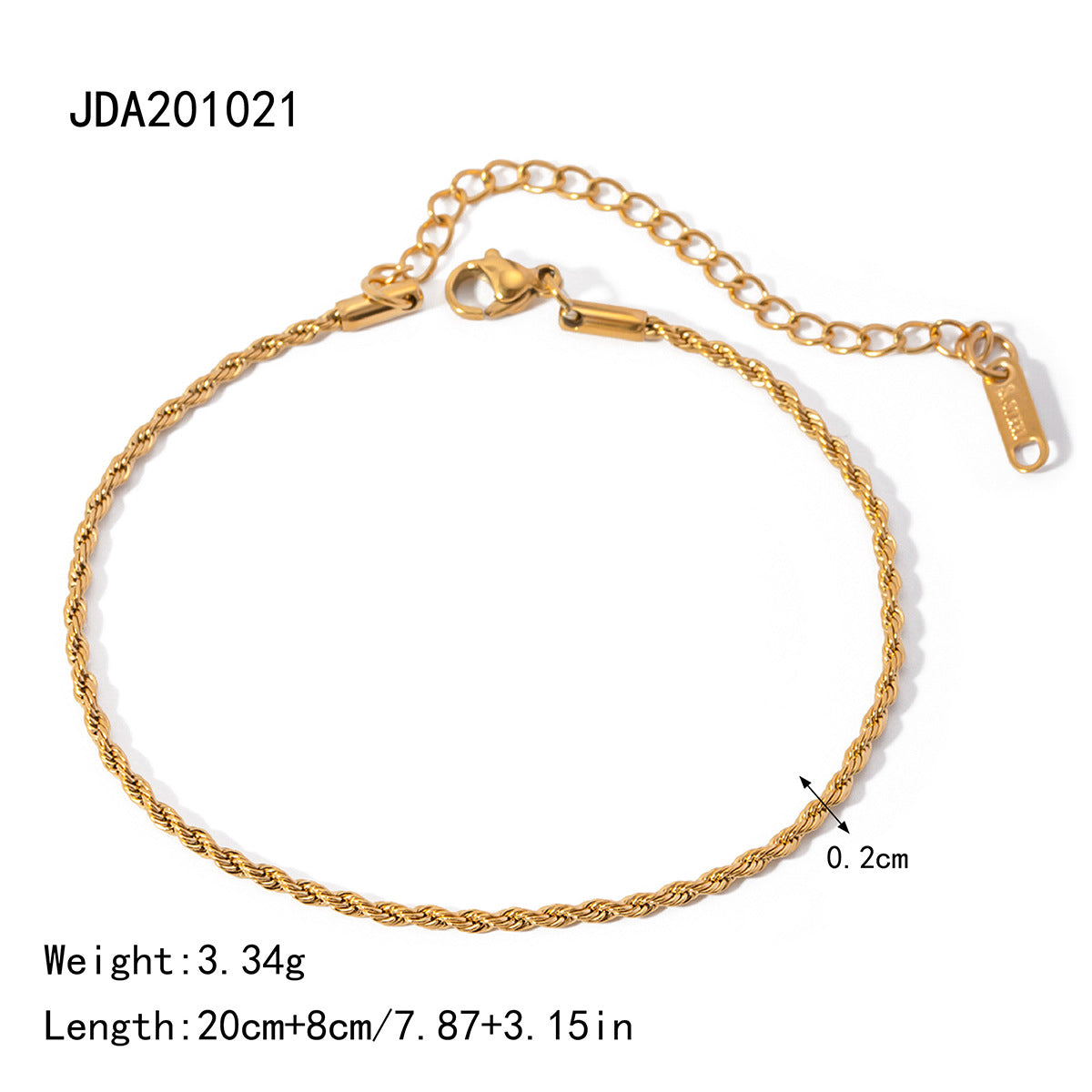 18K gold polished double layer anklet with twisted rope chain and bead accents for women