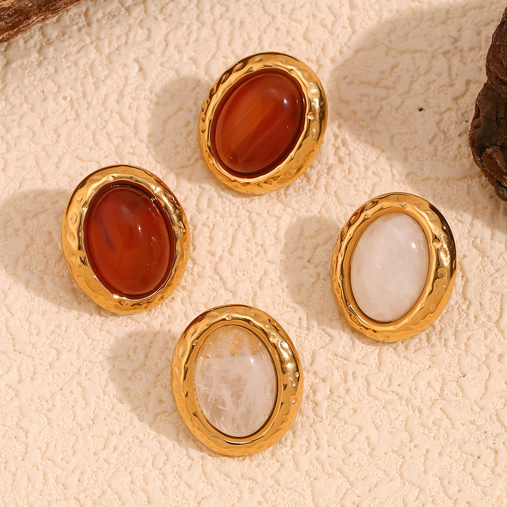 Vintage-Inspired 18K Gold-Plated Oval Earrings with Maroon Stone