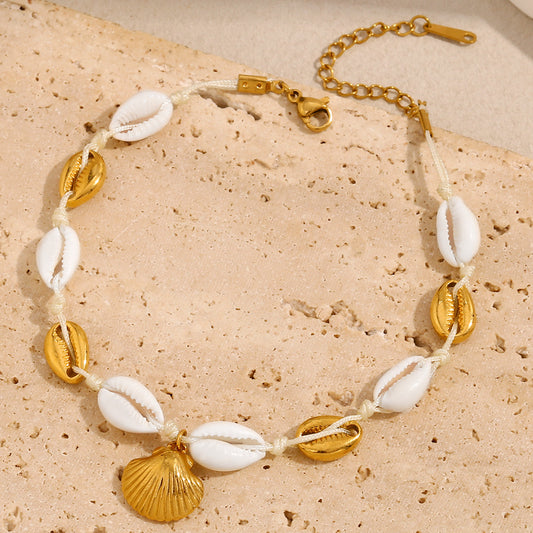18K Gold Shell Anklet with Cowrie & Scallop Charms | Waterproof Beach Jewelry