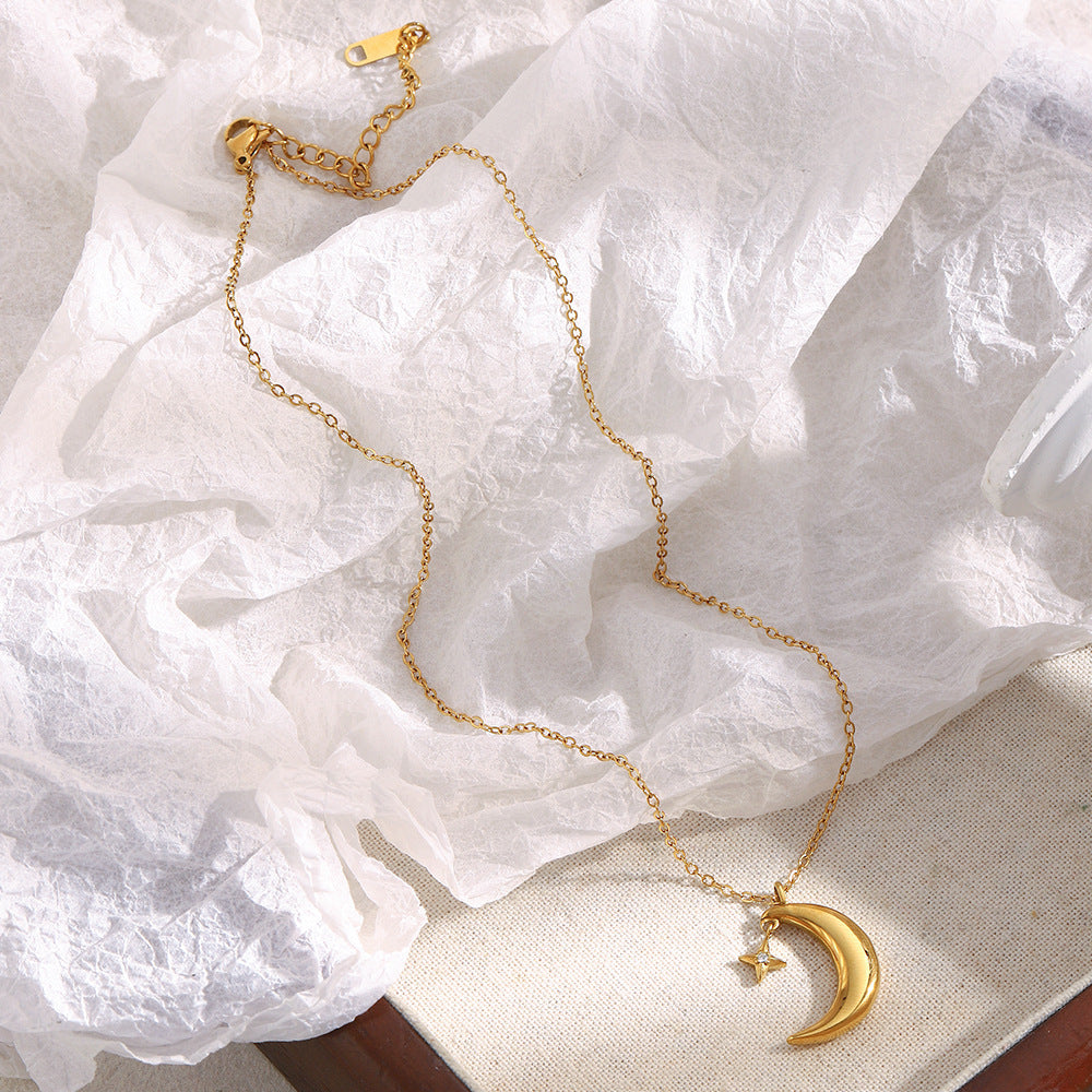 18K gold-plated crescent moon and star pendant necklace on stainless steel chain