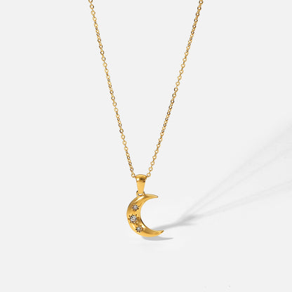 18K gold plated crescent moon pendant necklace with zircon stones – STUD