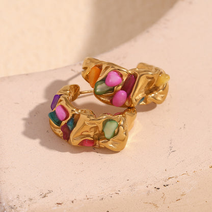 Close up View of Moon-shaped gold earrings with ruffled texture and colorful stones – 18K gold-plated, waterproof by STUD (Shop Till You Drop)