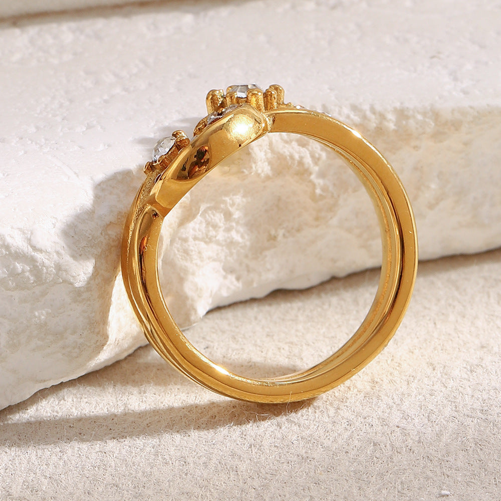 18K gold plated crescent moon double ring with embedded crystals
