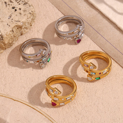 Adjustable silver open ring with rainbow stones and heart arrow