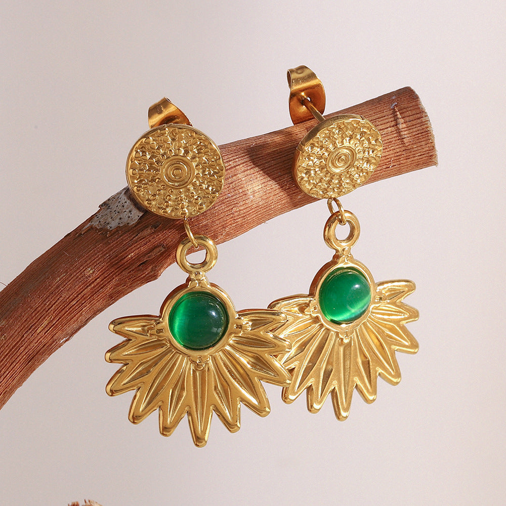 18K gold-plated stainless steel sunburst drop earrings with green agate stone