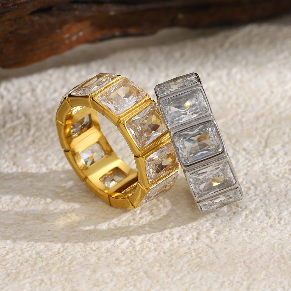 18K gold-plated geometric hollow-cut ring with square cubic zirconia stones, minimalist demi-fine statement ring for women