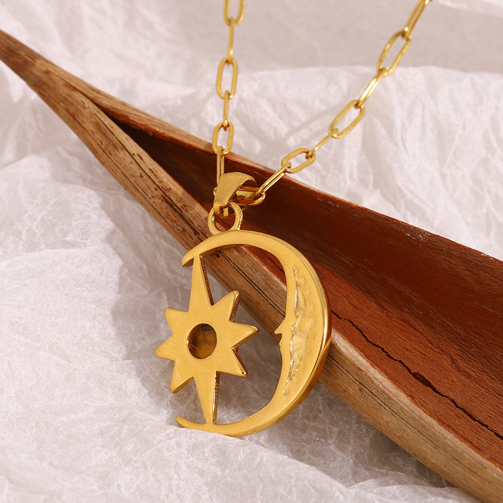 18K gold plated celestial necklace with moon, star, zircon and tiger eye gemstone – STUD